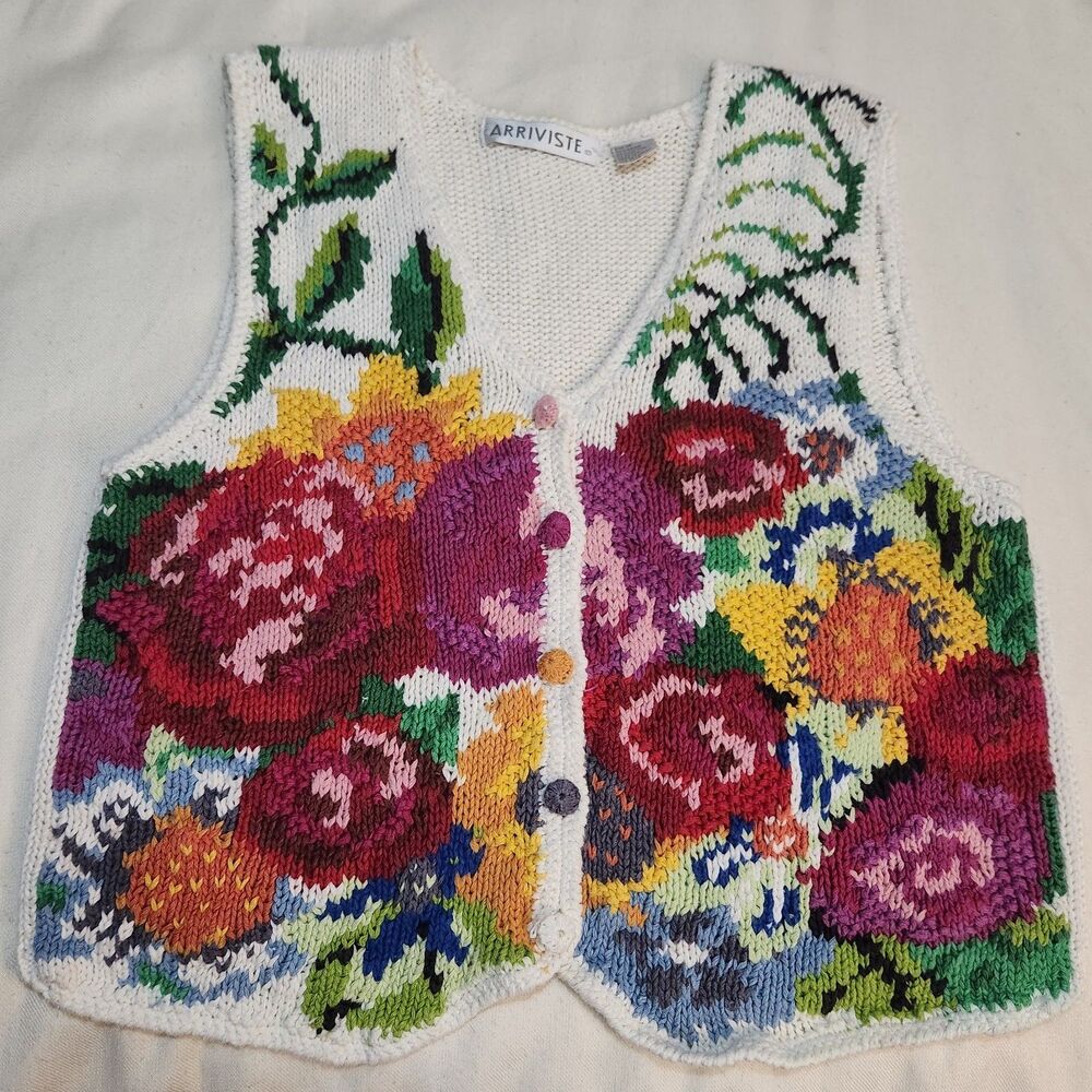 Vintage 90s Arriviste Knit Floral Sweater Vest Boho Cottagecore Flower Power